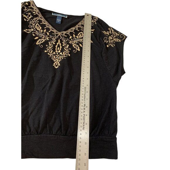 Karen Scott Womens Black & Gold Embroidered V-Neck Top Small - Picture 8 of 10